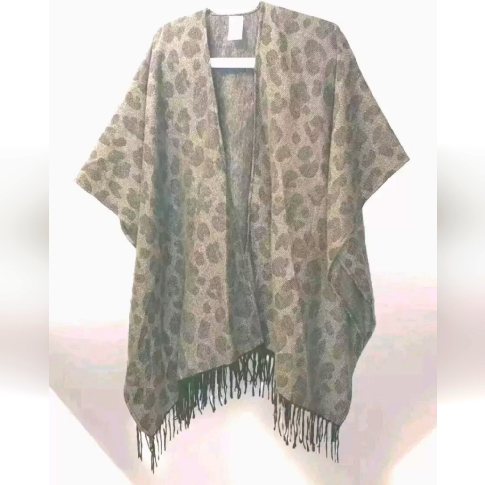 Woolrich Boho Fairy Fringed Shawl Poncho Cardigan Sweater Leopard Woman O/S